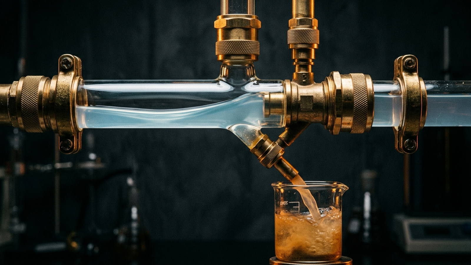 Brass and glass pipeline junction illustrating a check for gaps in traffic attribution.